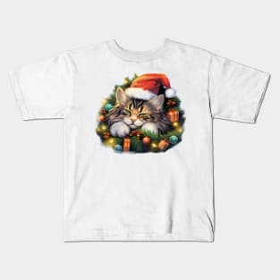 Lazy Norwegian Forest Cat At Christmas Kids T-Shirt